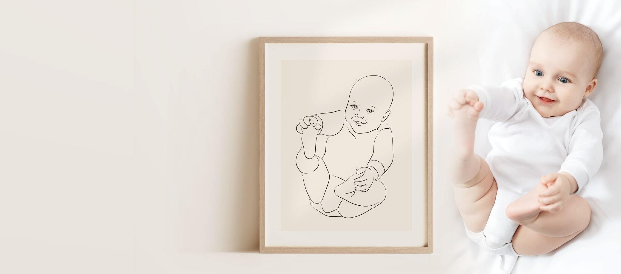A Miroar Line Art image of a smiling baby as a birth gift idea in an oak wood frame