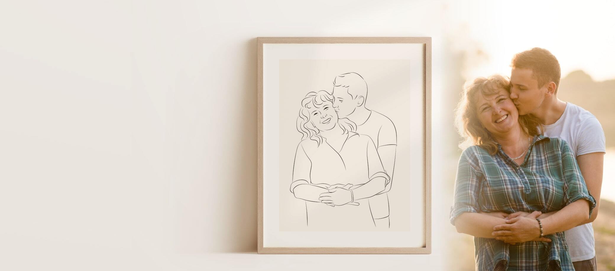 A Line Art drawing of a mother with her son as a birthday gift idea