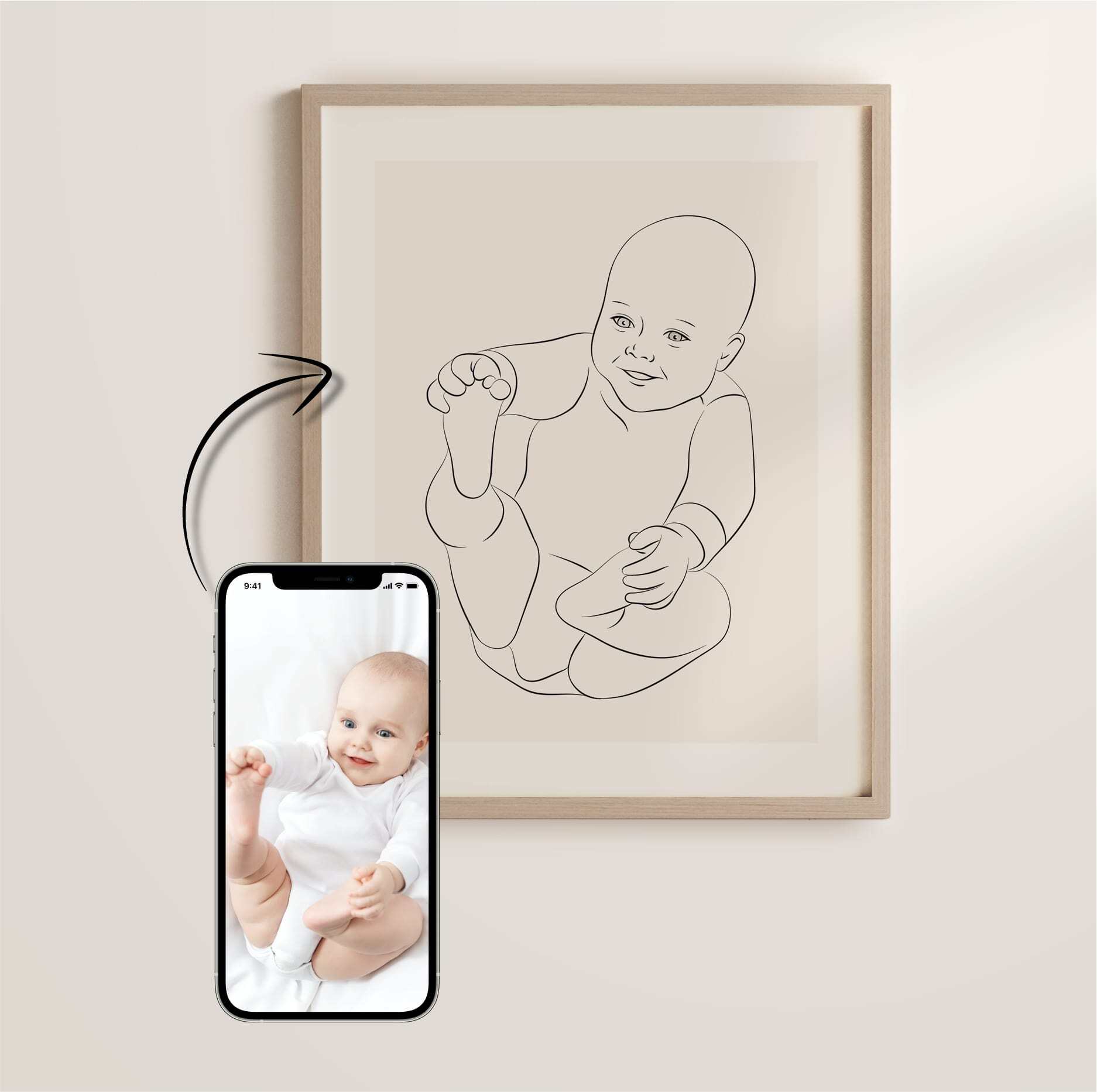 A Line Art drawing of a smiling baby