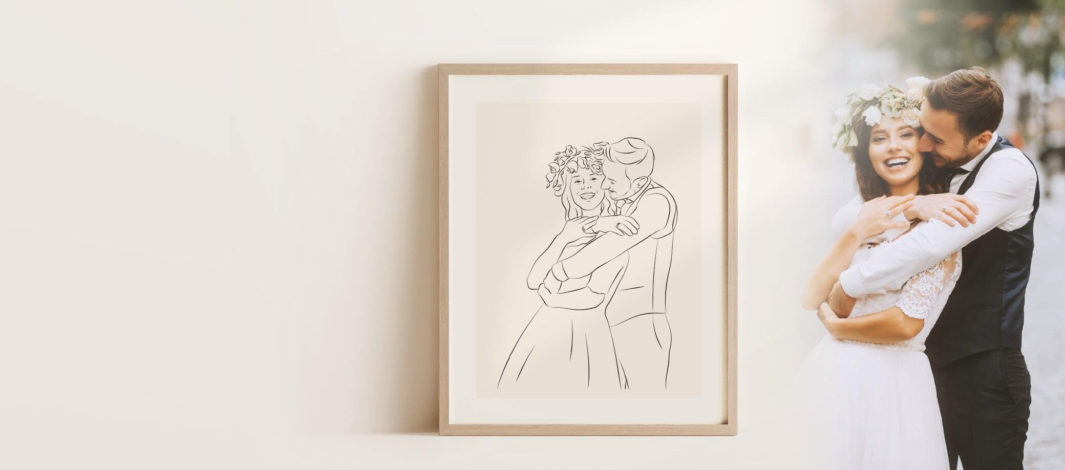 Wedding couple illustrated in Line Art, framed in a light oak frame