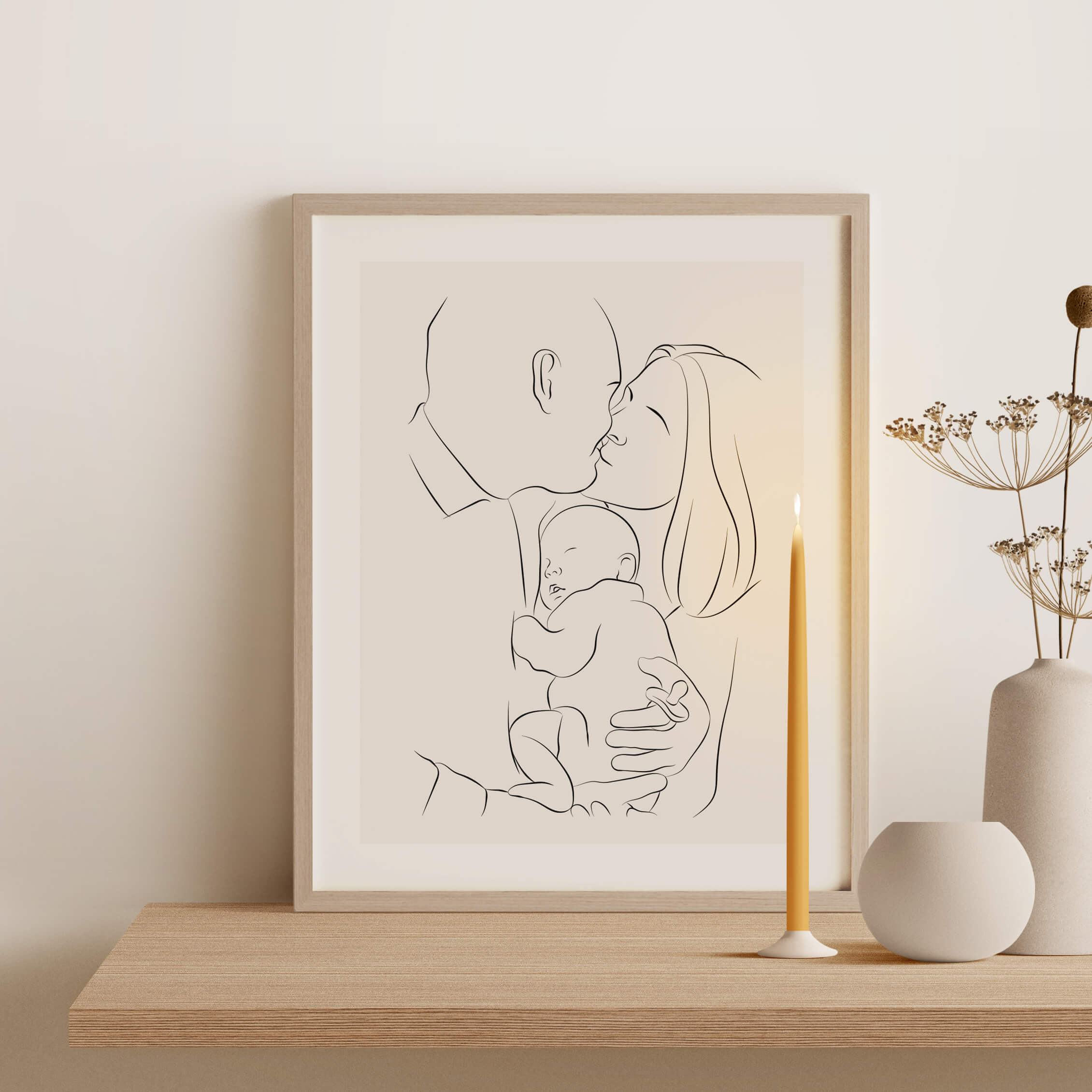 A Line Art illustration of a couple holding a sleeping baby