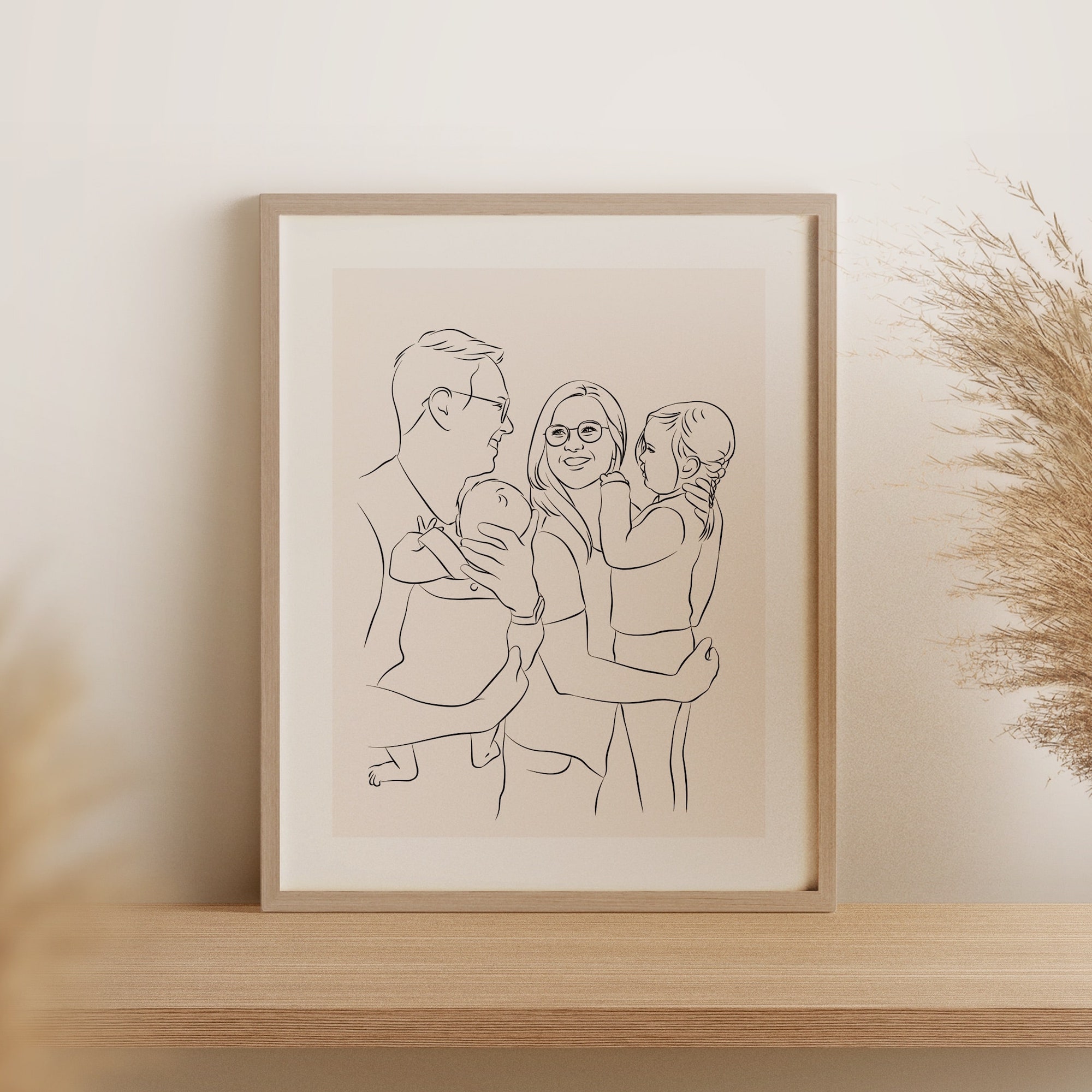 Young family with 2 children drawn in Line Art