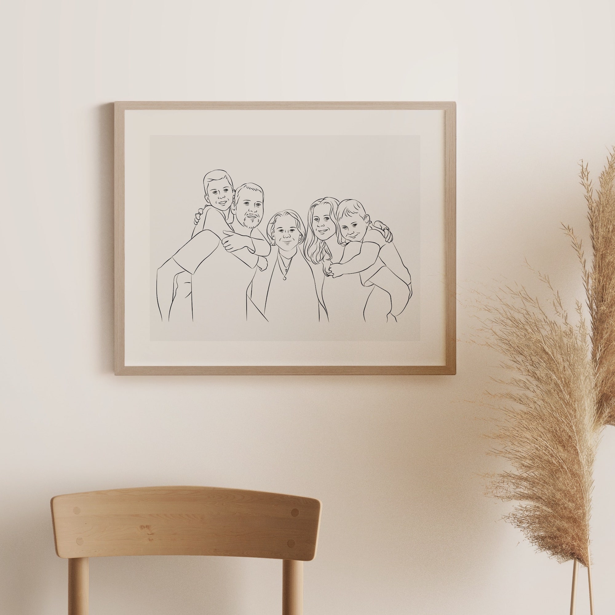 Drawn family photo in Line Art with grandmother in the center of the image