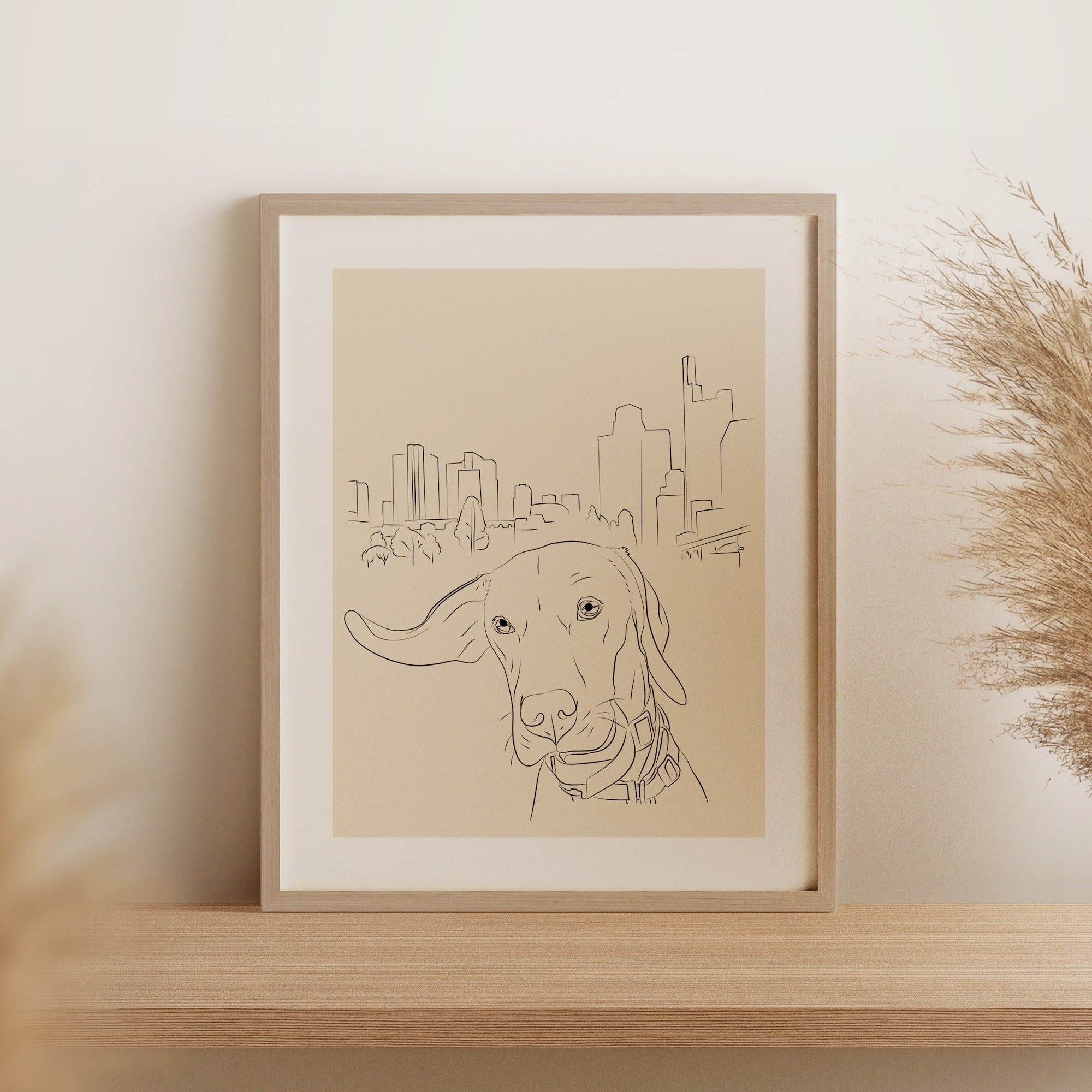 A Line Art drawing of a dog and the Frankfurt skyline
