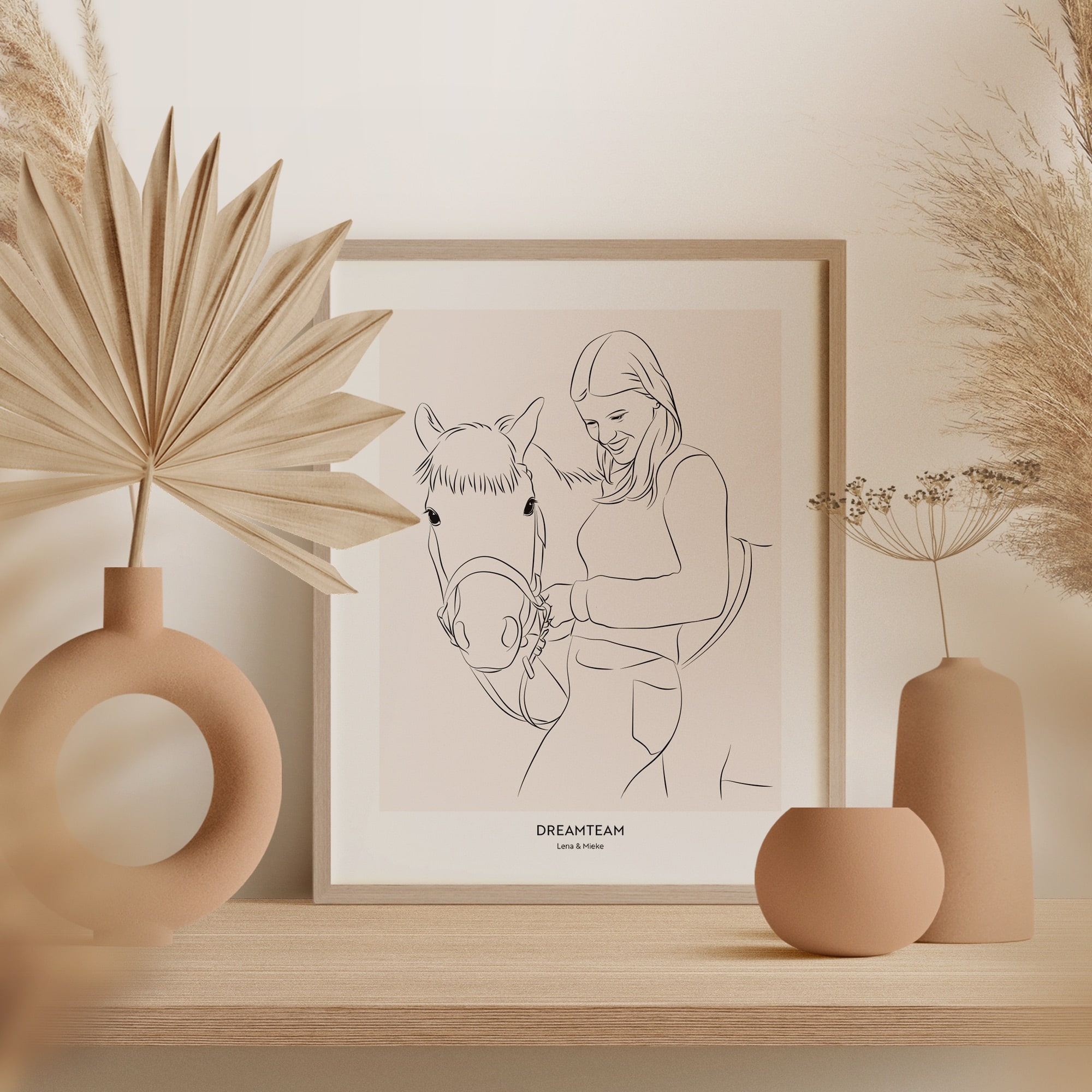 A Line Art drawing of a horse next to a young woman