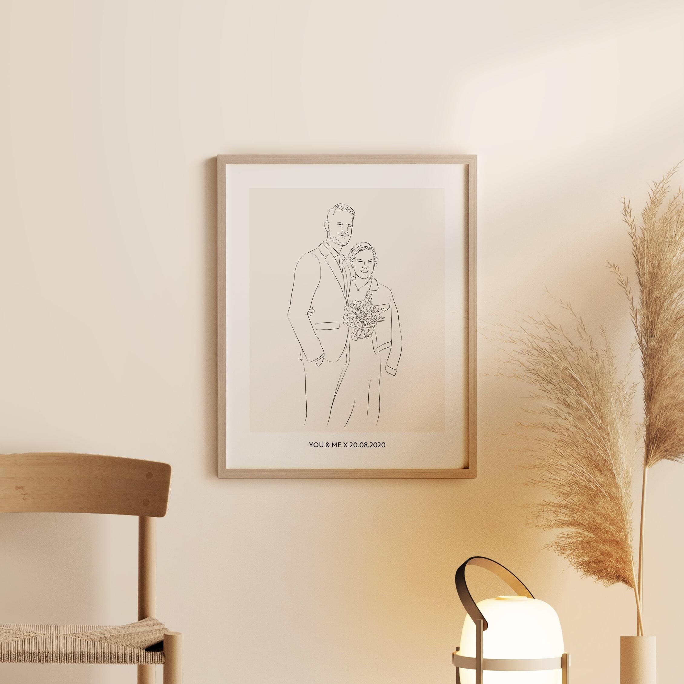 Line Art illustration of a wedding couple with bouquet and wedding date as subtitle