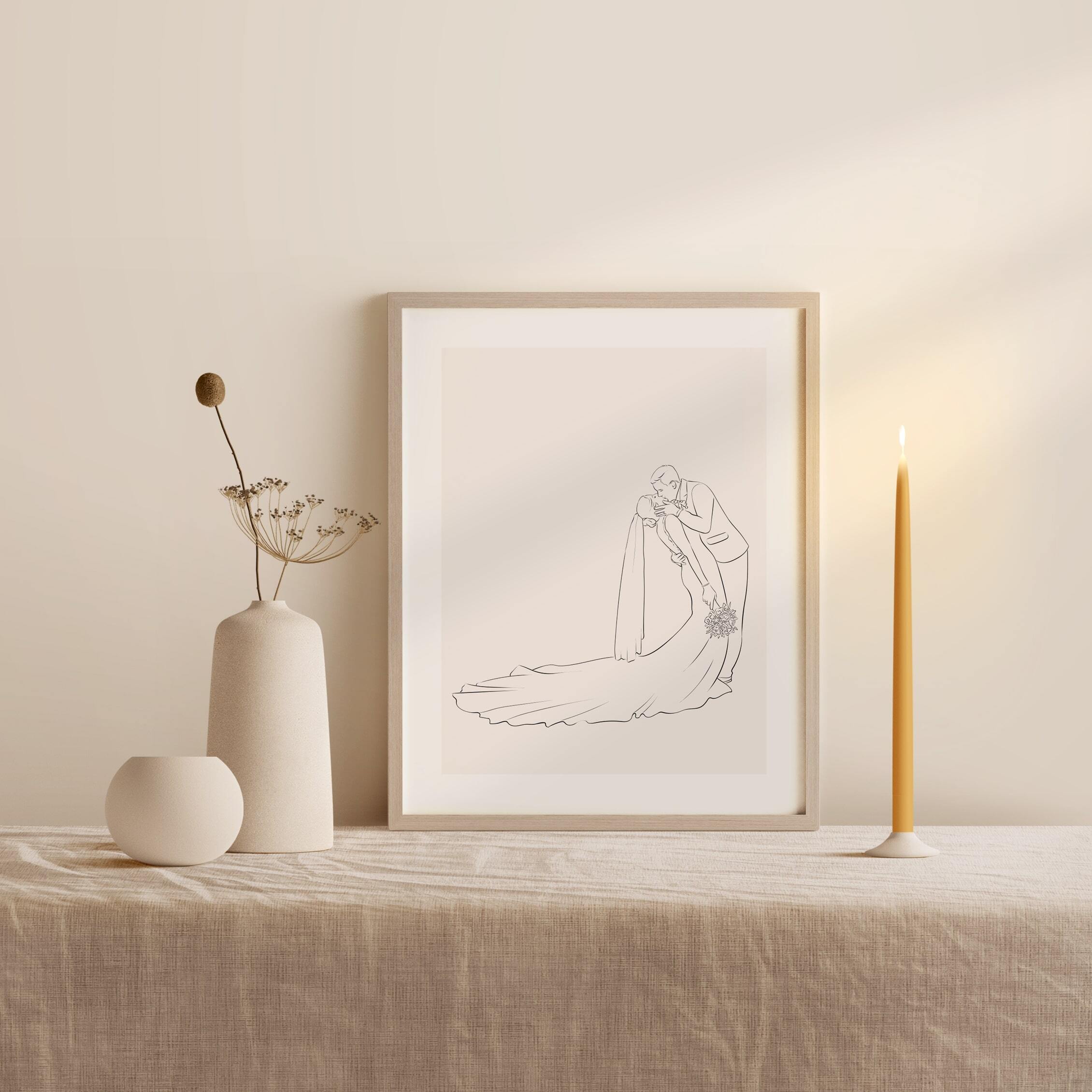 Wedding photo of a kissing couple in a profile view, illustrated in Line Art