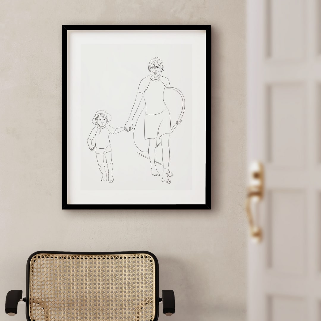 Son and father surfing, illustrated in Line Art