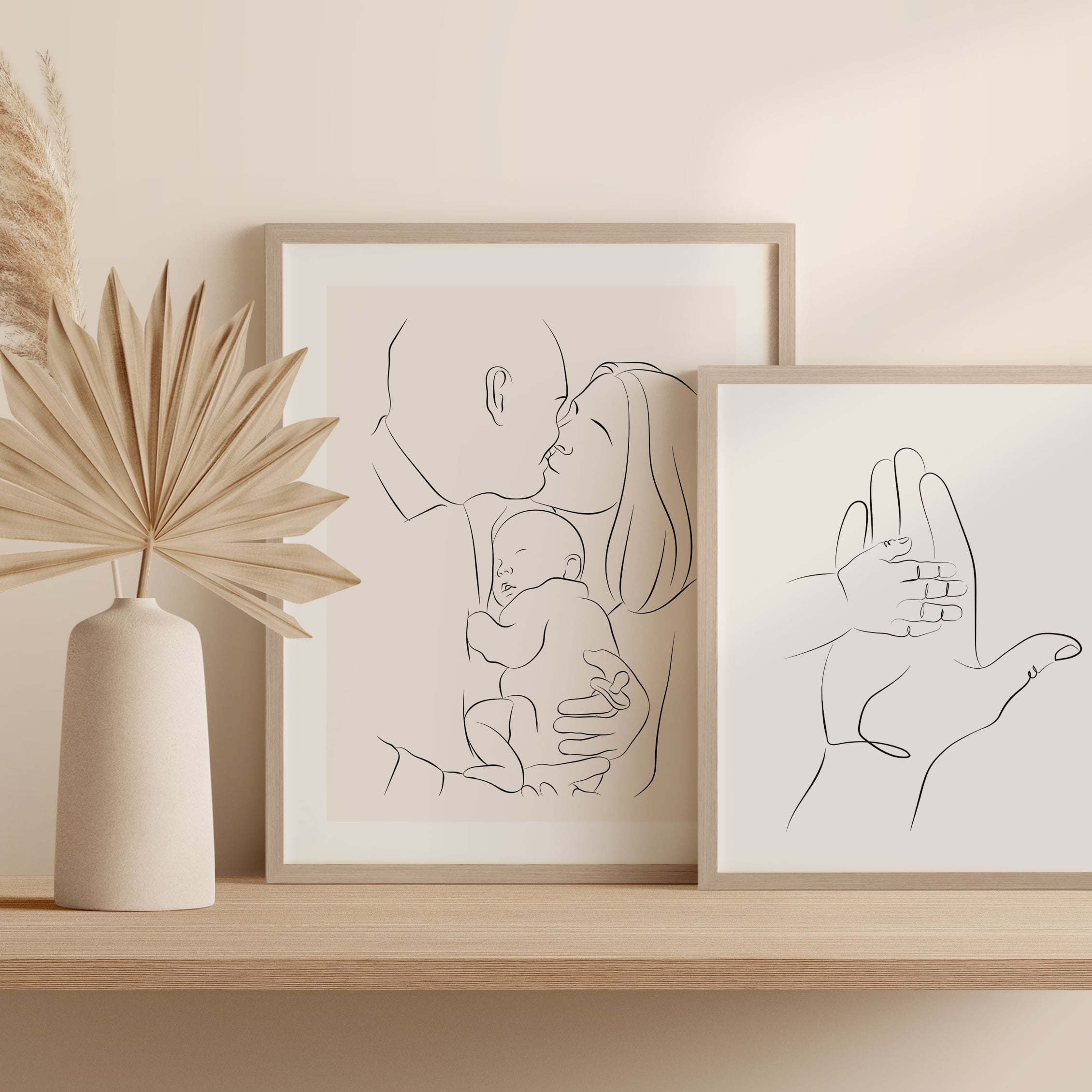 A combination of two Line Art drawings, one of a couple with a baby and one of a small hand touching a larger hand